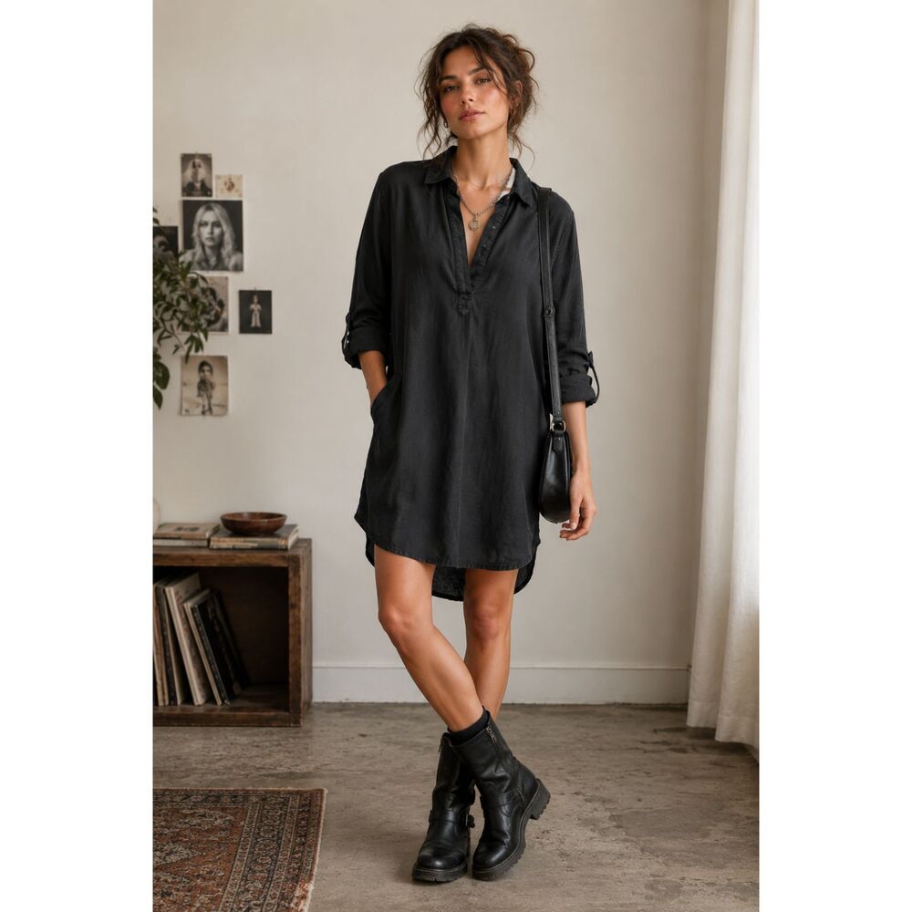 Vintage QUINCE Black Button Up Shirt Tunic Midi Dress   Women's Size Medium